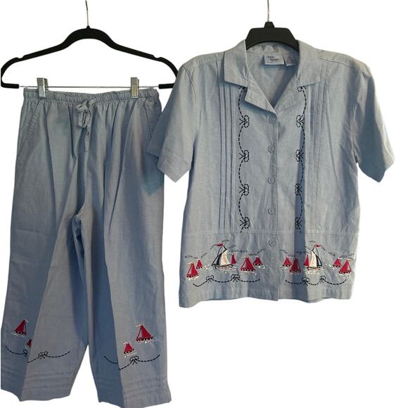 June Ashley Dresses & Skirts - VGUC Vintage June Ashley 2 Pc Summer Outfit Cropped Pants 100% Cotton Size PM